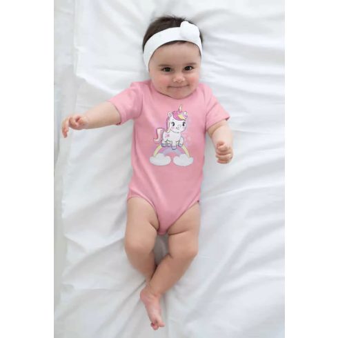 Rövid ujjú baba body - púderrózsaszín unikornis (62)