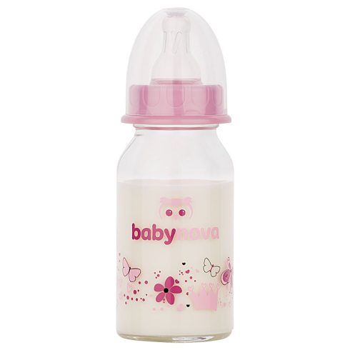 Baby-Nova üveg cumisüveg 120 ml 0-24hó szilikon cumival S-es - rózsaszín 