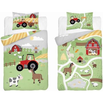   Bambusz ágynemű huzat 90*120 cm - Zöld farm piros traktorral 