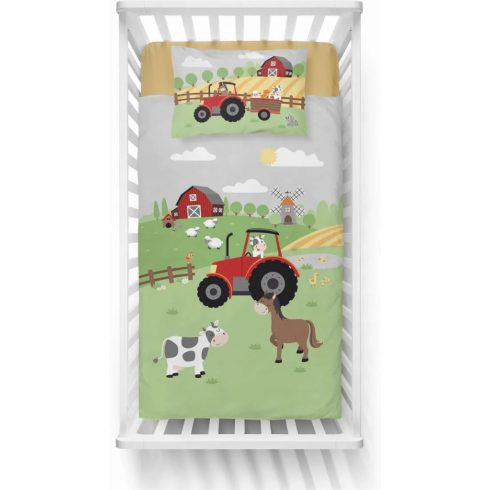 Bambusz ágynemű huzat 90*120 cm - Zöld farm piros traktorral 