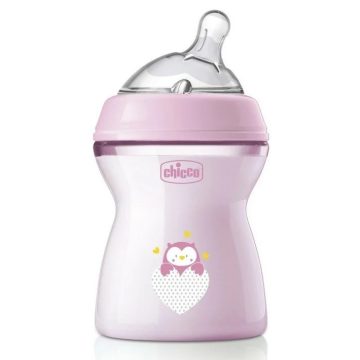   Chicco NaturalFeeling 250 ml cumisüveg közepes folyású 2 hó+ rózsaszín bagoly 

