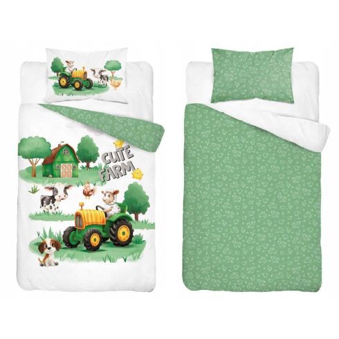 Pamut ágynemű huzat 90*120 cm - Cute Farm zöld traktorral 