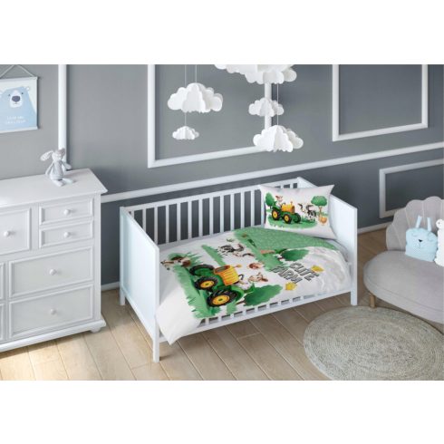 Pamut ágynemű huzat 90*120 cm - Cute Farm zöld traktorral 
