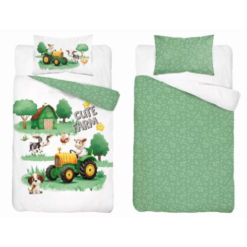 Pamut ágynemű huzat 100*135 cm - Cute Farm zöld traktorral