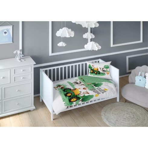 Pamut ágynemű huzat 100*135 cm - Cute Farm zöld traktorral