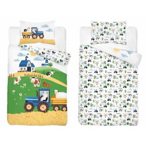 Pamut ágynemű huzat 90*120 cm - Napos farm kék traktorral