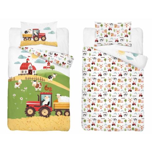 Pamut ágynemű huzat 90*120 cm - Napos farm piros traktorral