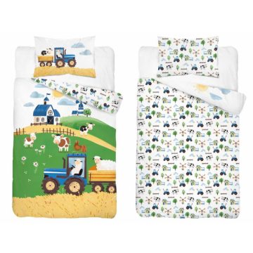   Pamut ágynemű huzat 100*135 cm - Napos farm kék traktorral