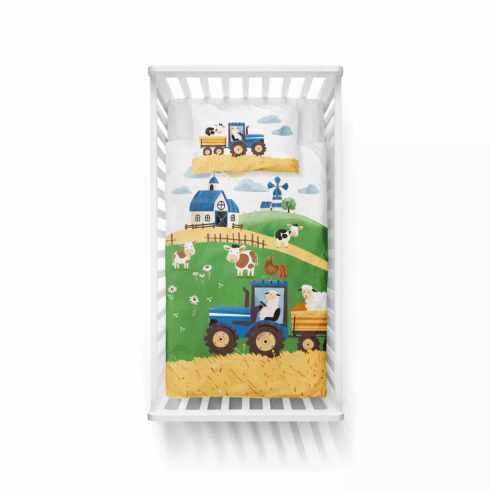 Pamut ágynemű huzat 100*135 cm - Napos farm kék traktorral