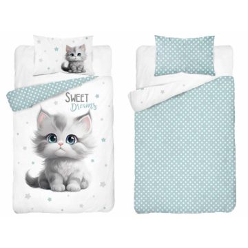 Pamut ágynemű huzat 90*120 cm - Cica kék