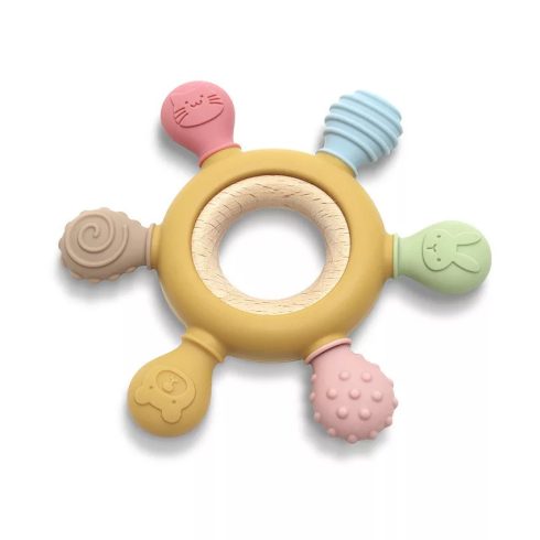 Lorelli Kormánykerék szilikon és bükkfa rágóka - Yellow 