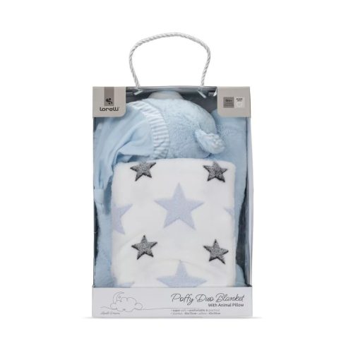 Lorelli Poffy Duo takaró 75x90 cm párnával 45x30 cm - White Blue Teddy Bear