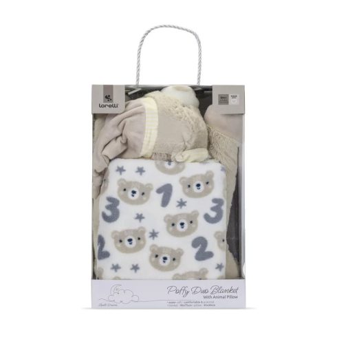 Lorelli Poffy Duo takaró 75x90 cm párnával 45x30 cm - White Beige Teddy Bear