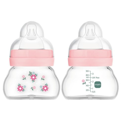 Mam  Feel Good 90ml  Premium üvegből készült cumisüveg Extra lassú átfolyás 0+ rózsaszín