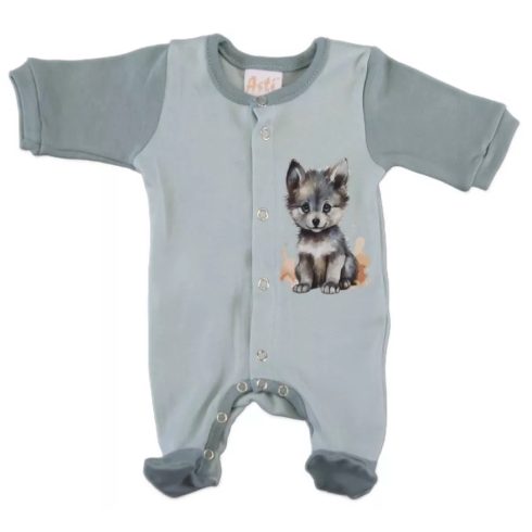 Pamut hosszú ujjú elöl patentos rugdalózó Farkas mintával (44) - menta