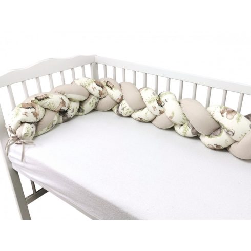Baby Shop prémium fonott fejvédő kiságyba 250cm - Erdei barátok natúr/zöld 