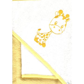   Babastar hímzett fürdőlepedő, fürdetőkesztyűvel 80*80 cm - zsiráf sárga/fehér