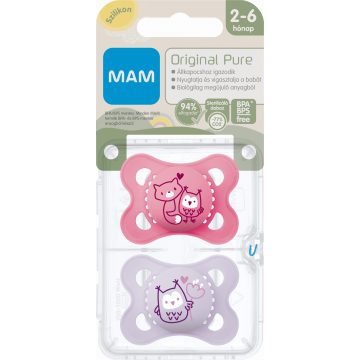   MAM Original Pure 2-6 hó nyugtató cumi 2 db-os - rózsaszín bagoly/lila bagoly
