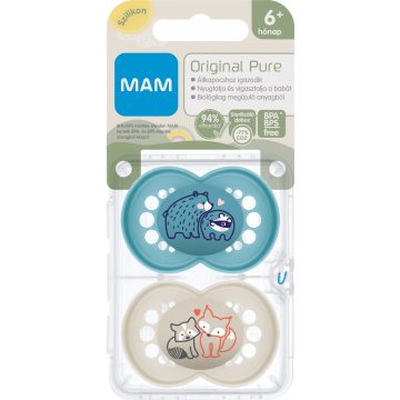   MAM Original Pure 6+ hó nyugtató cumi 2 db-os  - kék medve/bézs róka