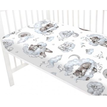   Baby Shop pamut,gumis lepedő 60*120 cm  - felhőn alvó állatok kék