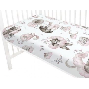   Baby Shop pamut,gumis lepedő 60*120 cm - felhőn alvó állatok rózsaszín 