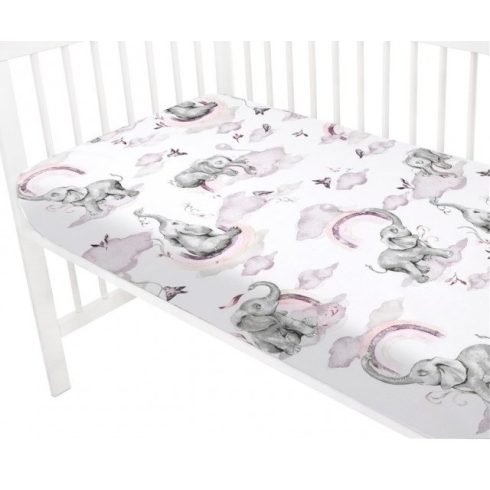 Baby Shop pamut,gumis lepedő 60*120 cm - szivárványos elefánt rózsaszín 