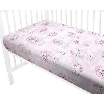   Baby Shop pamut,gumis lepedő 70*140 cm - Rózsaszín virágos nyuszi 