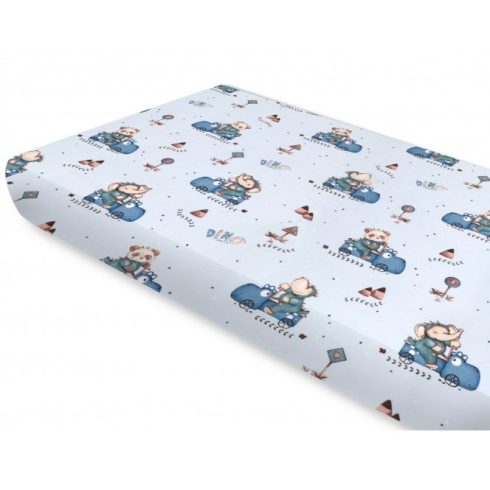 Baby Shop pamut,gumis lepedő 70*140 cm - Kék Dinó Autó