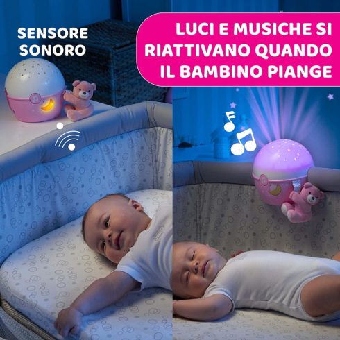 Chicco NEXT2 STARS babaágyra rögzíthető projektor plüss macival - rózsaszín