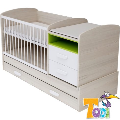 Todi Ice Cream kombi kiságy pelenkázó komóddal - woodline cream/zöld